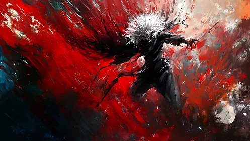 Wild-haired warrior bursts through a storm of red energy