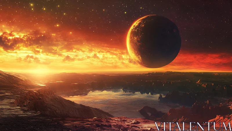 Alien horizon under colossal eclipse and molten sky glow.