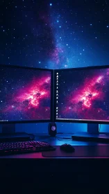 Dual monitor gaming desk glows with vivid galaxy wallpaper