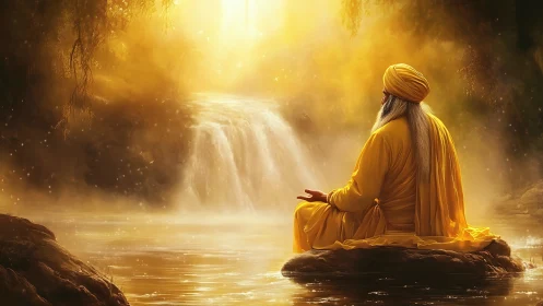 Golden-robed sage quietly negotiates light with the waterfall