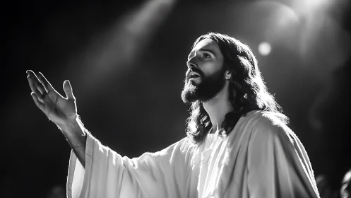 Monochrome portrayal shows robed figure raising one hand