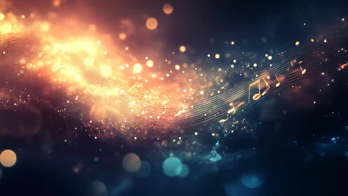 Glowing music notes on swirling light wave in darkness.