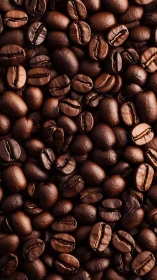 Close-up pattern of roasted coffee beans in warm light.