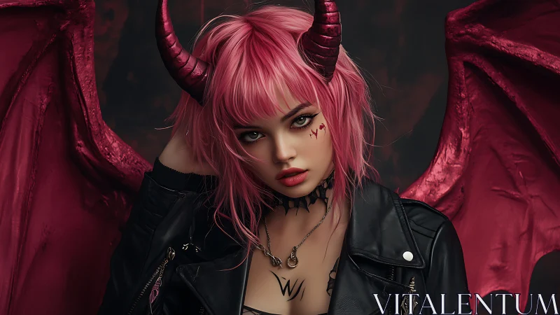 Pink demon punk portrait with leather and crimson wings.