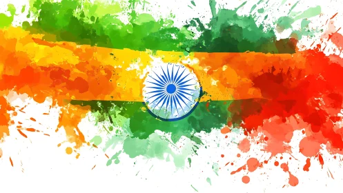 Indian tricolour flag rendered in expressive splatter watercolor.