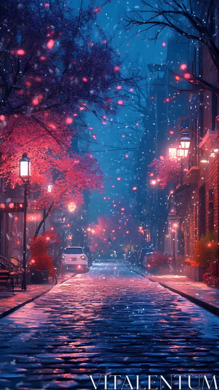 Neon dusk city street under glowing cherry snowfalls.