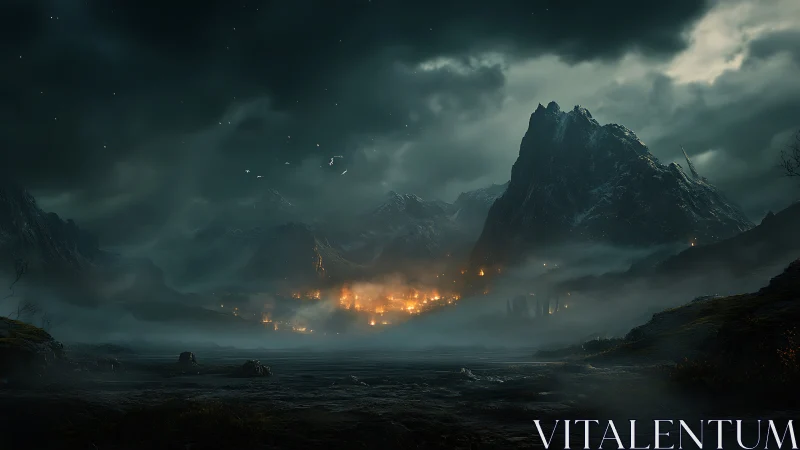 Cinematic dark valley siege with mist-laden mountainscape.