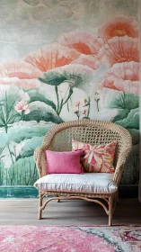 Cozy wicker chair tucked into dreamy painted flower wall.