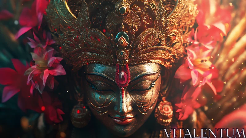 Digital painting of ornate divine goddess bust with floral corona.