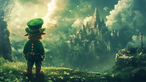 Leprechaun overlooks misty emerald castle at glowing dawn