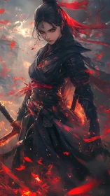 Fire-wreathed warrior stands in swirling ember storm