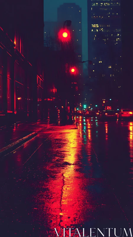 Rain-soaked city street glows under red traffic lights