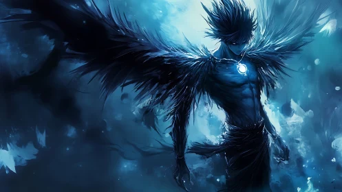 Midnight winged wraith crowned in icy celestial glow.