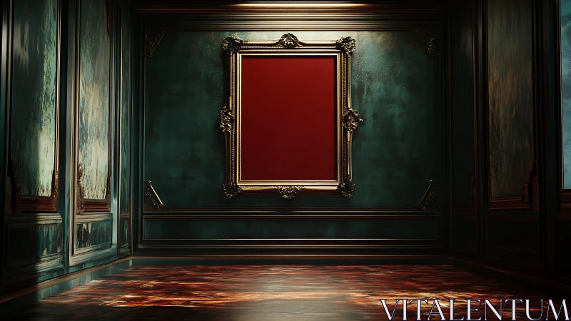 Empty ornate frame in dark teal gallery interior space.