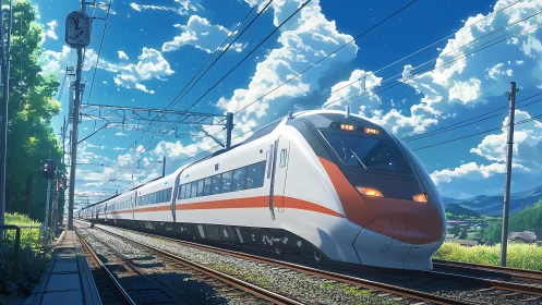 High-speed anime train cutting through rural summer sky.