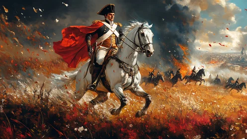 Napoleonic cavalry officer leads charge across burning field.