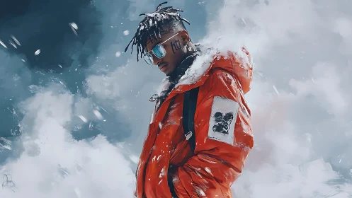 Cool wanderer in bright orange coat amid swirling snowstorm.