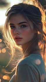Sunlit portrait of young woman with soft bokeh glow.