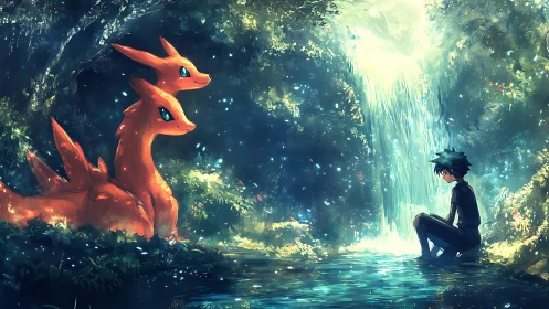 Twin ember dragons trade secrets with a quiet forest boy