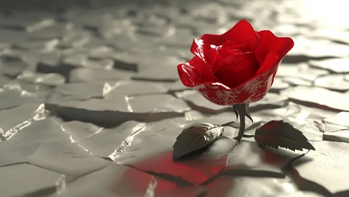 Glossy red 3D rose emerges from fractured metallic ground