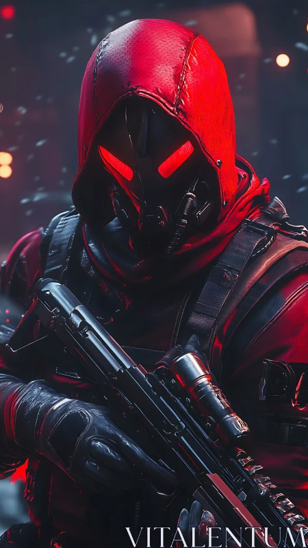 Crimson hooded cyber soldier with glowing visor stance.