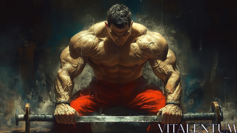 Muscular warrior grips sword in smoldering gym light.