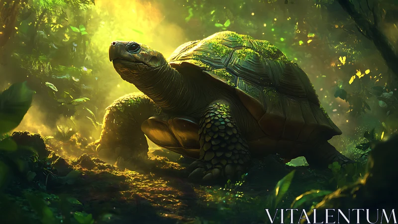 Large tortoise in dense sunlit forest environment.