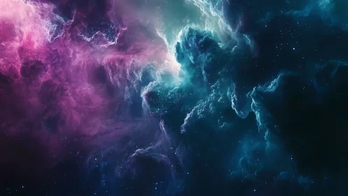 Deep space nebula with blue and magenta gaseous clouds.