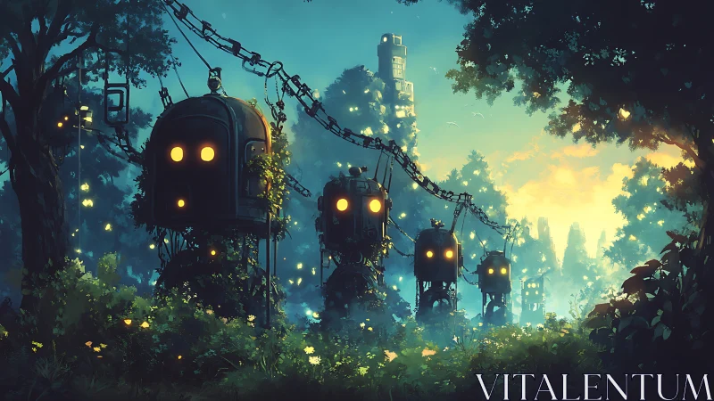 Robotic pods hang in a luminous forest at sunrise