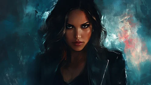 Moody digital portrait of intense woman in teal light