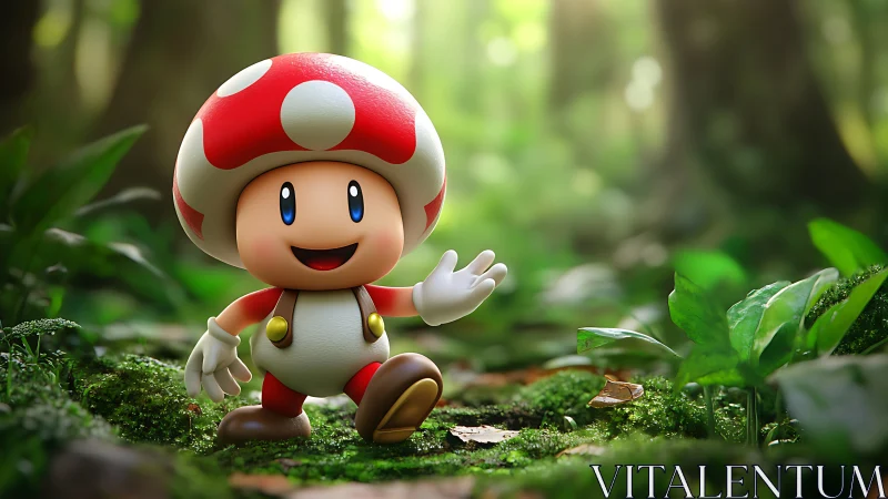 3D forest vignette with stylized mushroom character figure.