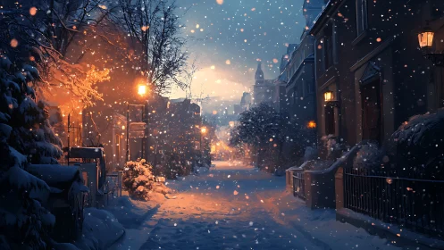 Snow-covered European street under warm lamplight at dusk
