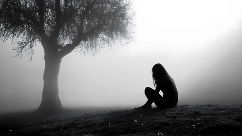 Solitary silhouette leans into fog while the old tree listens