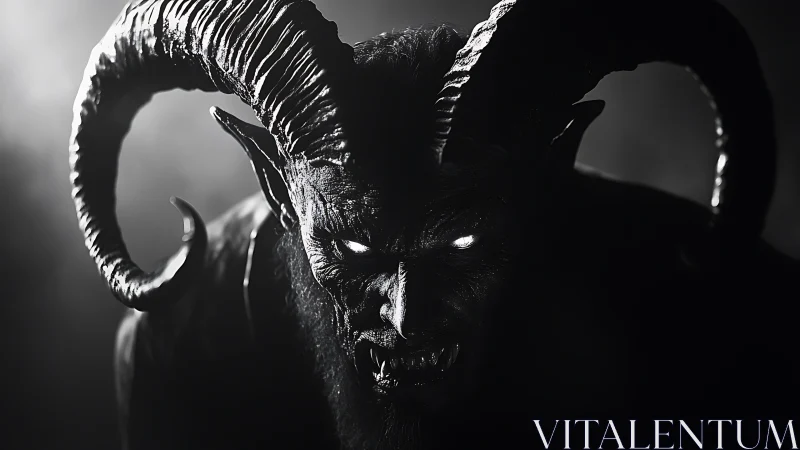 High-contrast monochrome demon portrait with volumetric rim lighting