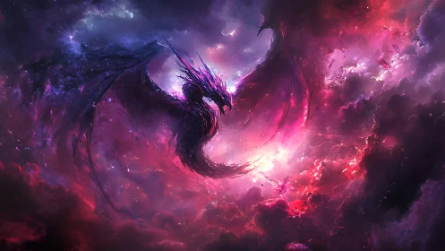 Cosmic nebula dragon unfurls wings in blazing starfire sky.