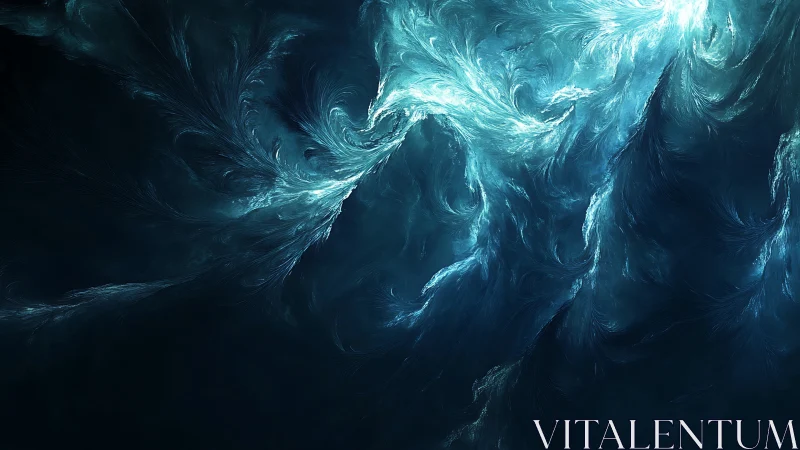 Turbulent luminance vortices in deep cyan fractal fluid field.