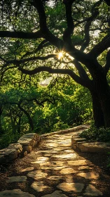 Stone pathway under large tree canopy in evening light.