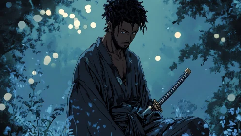 Midnight samurai rests quietly in a glowing forest dream