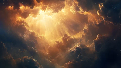 Radiant golden light breaks through swirling storm clouds
