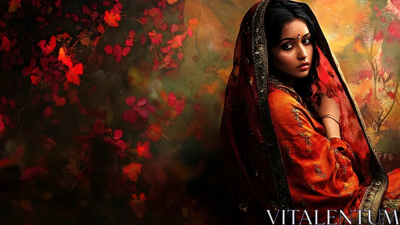 Portrait of veiled woman in saffron drape, autumn florals.