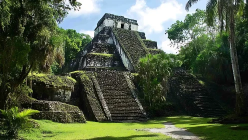Sunlit jungle temple rising from a lush emerald clearing.