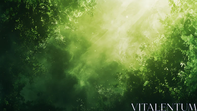 Emerald forest canopy silhouettes frame radiant sky glow.