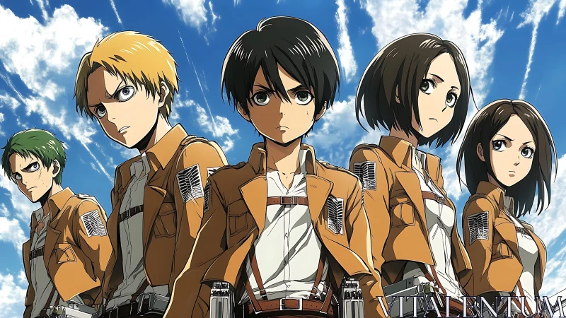 Anime squad portrait under dynamic sky, cel-shaded composition.