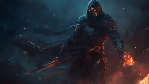 Hooded armored figure with sword in fiery dark landscape.