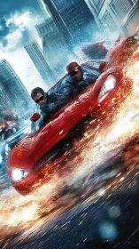 Red supercar drifts through fiery city streets in the rain