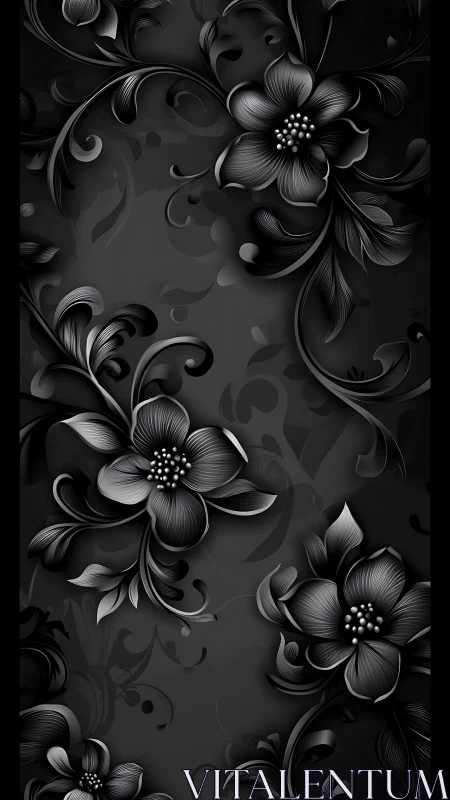 Ornate Black and Silver Floral Wallpaper Design.