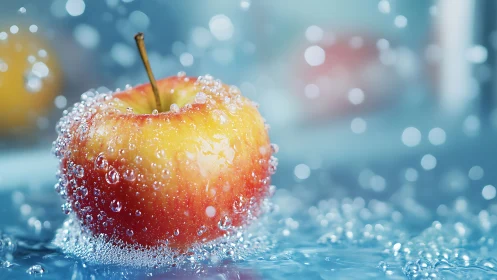 Dewlit apple dazzles underwater in sparkling aqua bokeh.