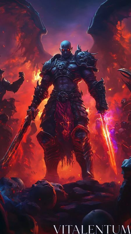 Demonic warlord commands hellfire battlefield in crimson armor