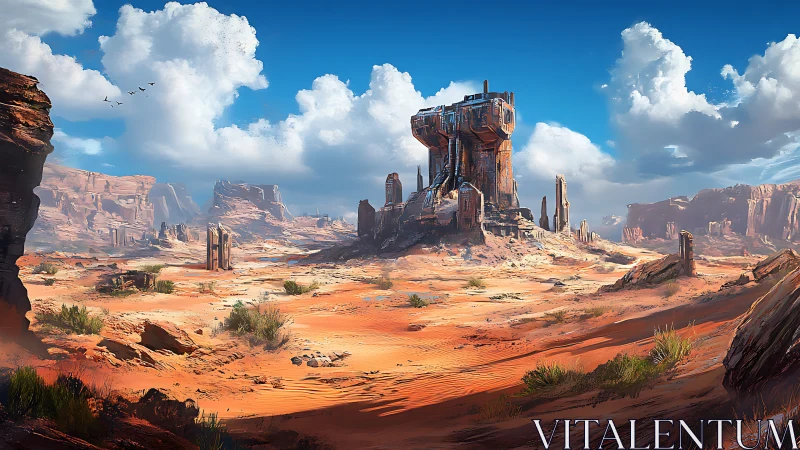 Desert landscape shows central monolithic sci fi structure