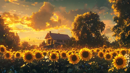 Sunlit sunflower field surrounding rural farmhouse at sunset.